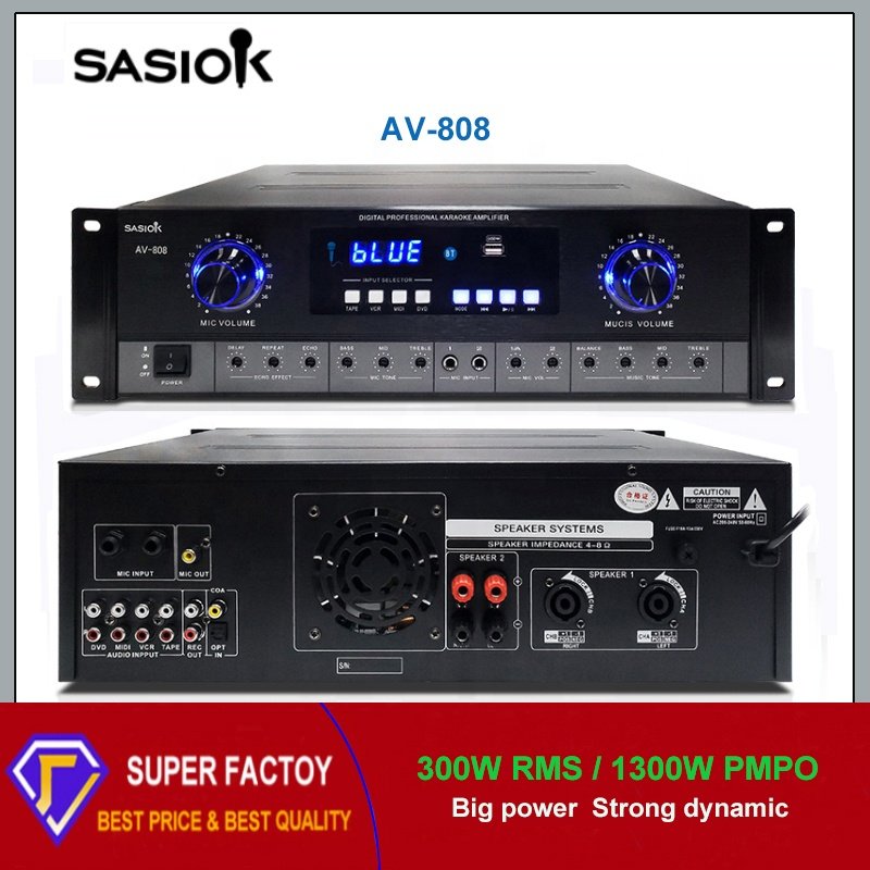 Mic Echo/delay Optical/coaxial Input AV-808 Digital Karaoke Amplifier with BT/USB/tape/VCR/midi/DVD/LED Display Functions.