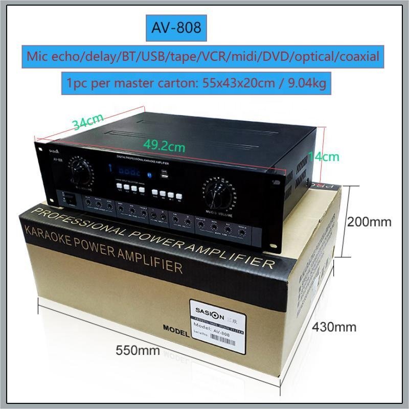 Mic Echo/delay Optical/coaxial Input AV-808 Digital Karaoke Amplifier with BT/USB/tape/VCR/midi/DVD/LED Display Functions.