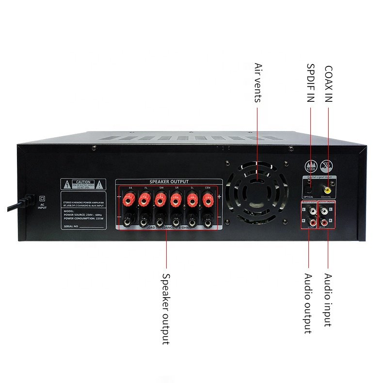 600W HIFI Around Sound AV-735A Stereo Audio System Home Theater Karaoke Amplifier with BT/USB/SD/AUX/ECHO/BALANCE Functions.