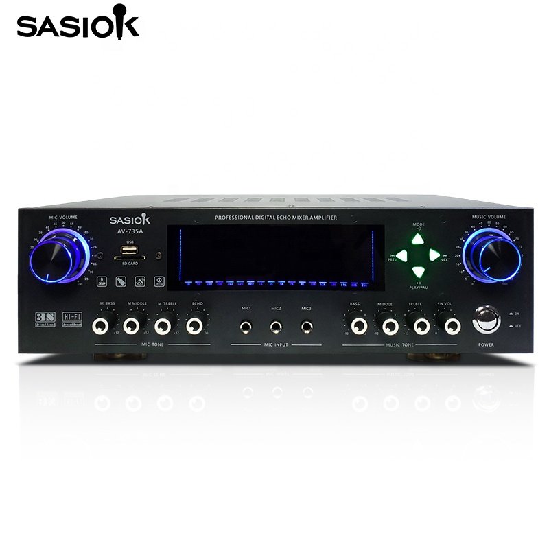 600W HIFI Around Sound AV-735A Stereo Audio System Home Theater Karaoke Amplifier with BT/USB/SD/AUX/ECHO/BALANCE Functions.