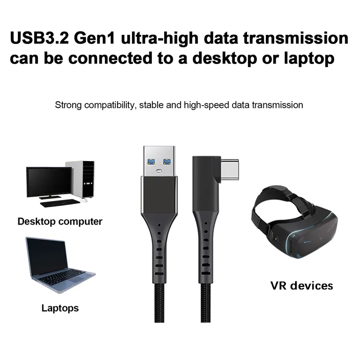 Factory Wholesale 5Gbps 90degree USB A to Type C Cable 5M 10M Custom Vr Cable Fast Charging Data Cord