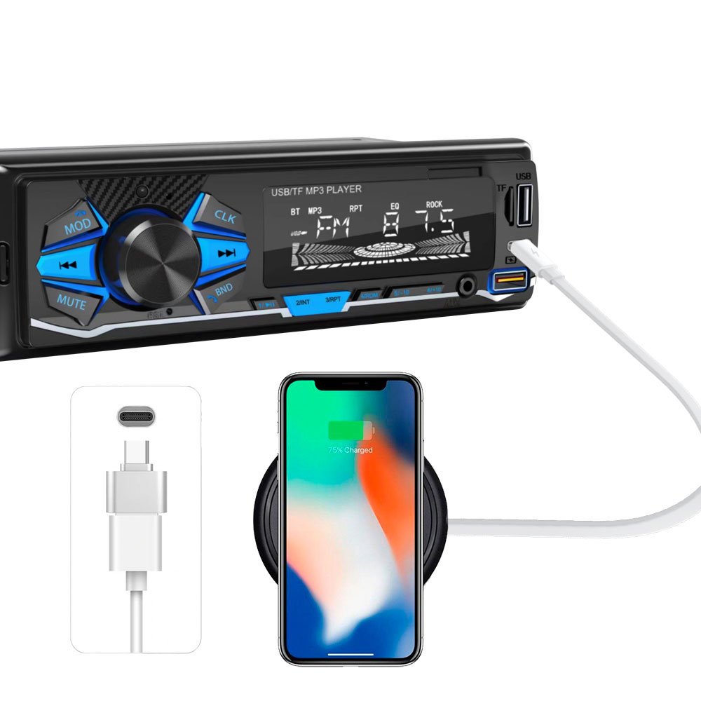 2USB Type C Fast Charging Hands Free Car Amplifier Stereo with BT Mp3 Support Remote Control VA LCD Colors Button