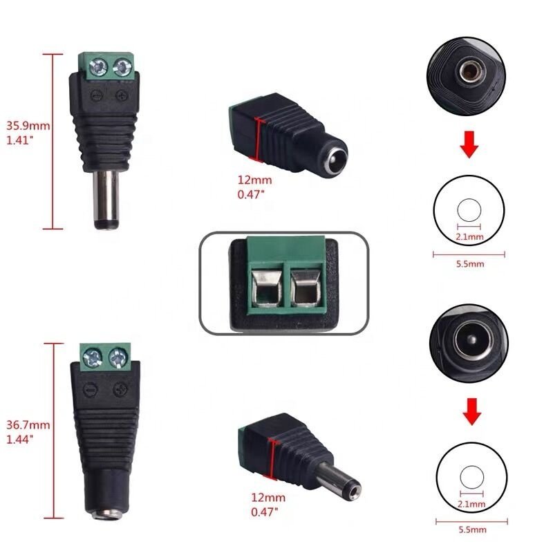 2 Pin Male and Female DC Connector Green Terminal Balun Connector With Screw For Audio Video Coaxial Cable DC power cable