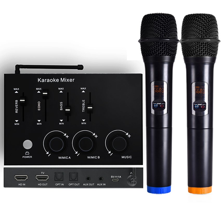 Karaoke Mixer System Dual UHF Karaoke Wireless Microphone HD Optical AUX Smart TV PC KTV Singing Amplifier Speaker Karaoke Mixer