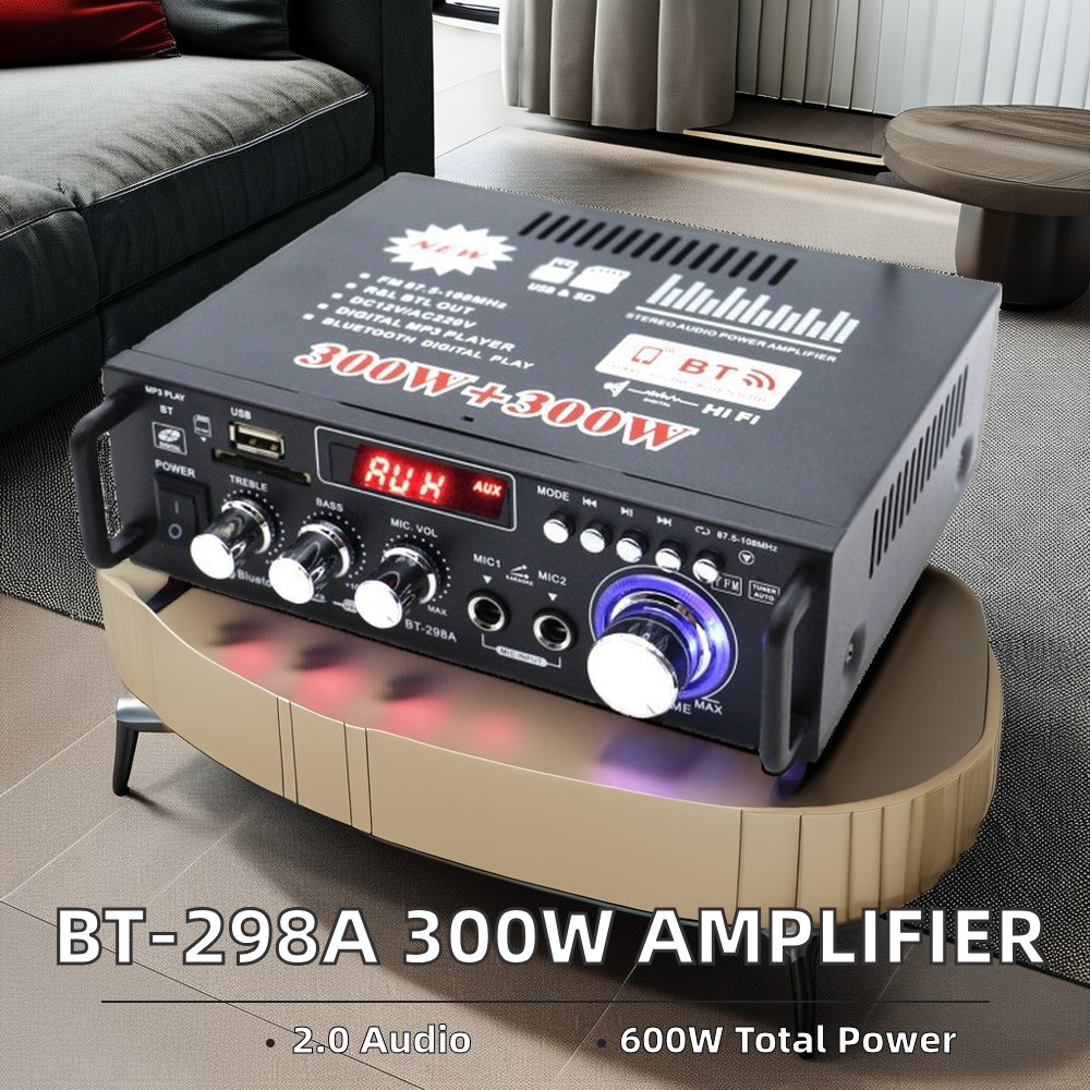 BT-298A 300W+300W Home Digital HIFI Audio Stereo Power Amplifiers Blue Display Digital Audio Products Accessories