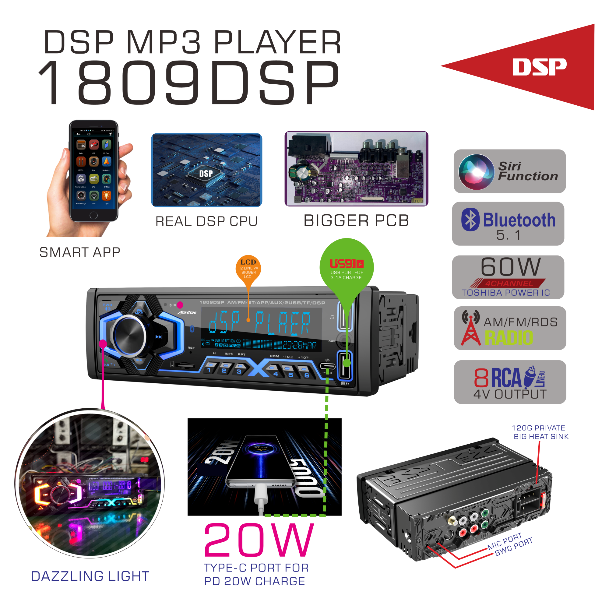 Universal 1DIN Car Radio LCD Display FM Car MP3 Player with DSP Audio and Stereo Player Functions