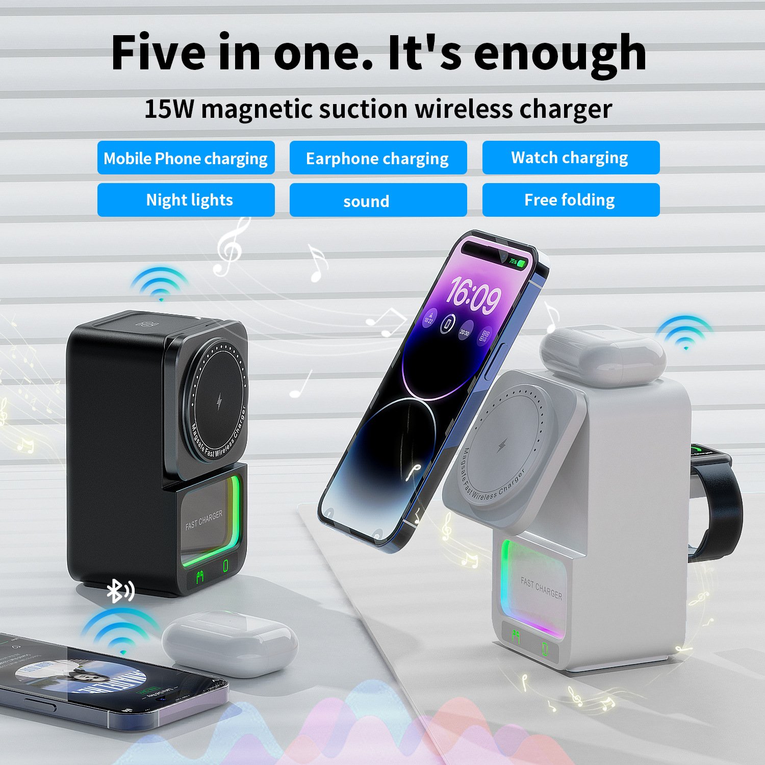 5 in 1 wireless charger with bluetooth speaker multifunctional wireless fast charging holder audio adapter for anker