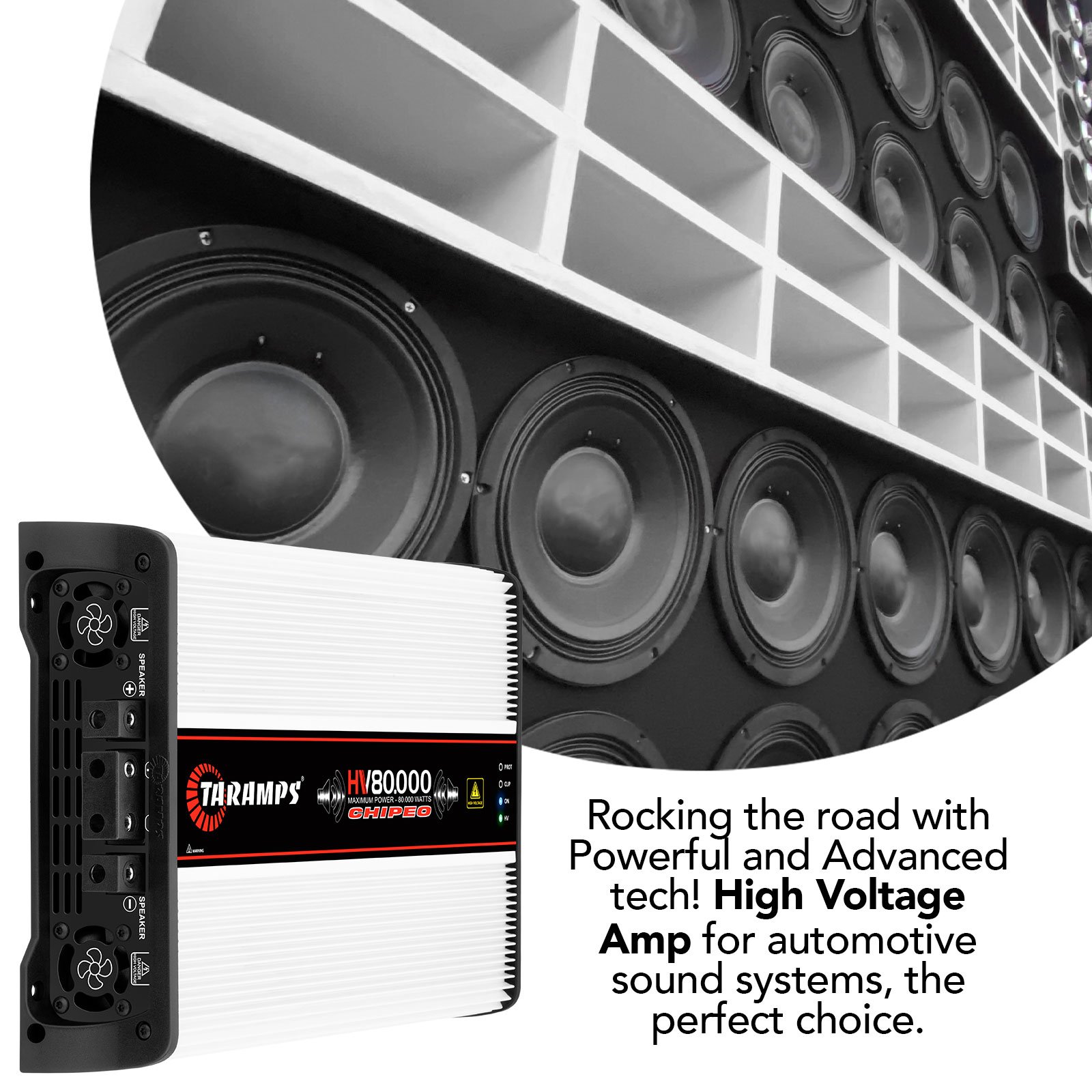 Taramps HV 80000 Chipeo 0.5 Ohm 80000 Watts RMS with 14 Batteries 1 Channel High Voltage Amplifier 176VDC Output Power Car Audio