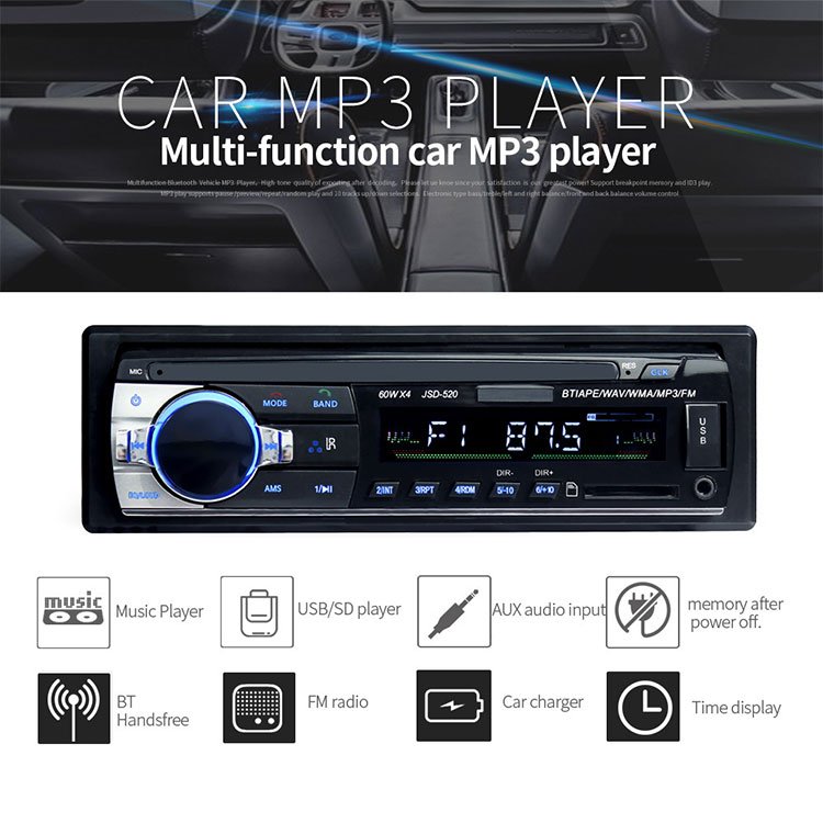 Car Stereo Radio JSD 520 MP3/WMA/WAV Player BT Wireless Hot Sale Floor Price FM/SD/USB/AUX Multiple EQ 1 DIN 12V