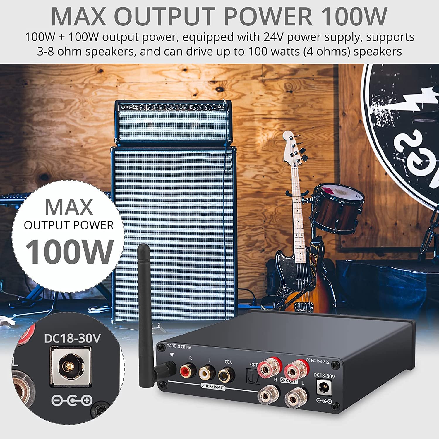 2-Channel Class D / Digital Amp With UISB Port, Optical and Coax Audio, Each Channel 100W, Bluetooth-Compatible Audio Amplifier