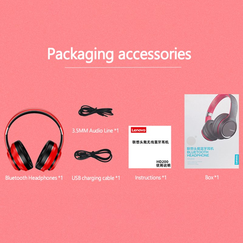 Lenovo Hd200 Wireless Headset Computer Mobile Phone Headphones Heavy Bass Sport Running Earphones 10m Wireless Earbuds