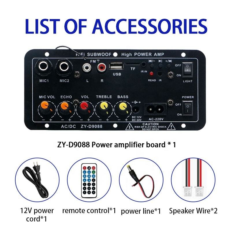 Car BT Amplifier AC220V 12V 24V Digital Stereo Subwoofer Amplifier Board Dual Microphone Karaoke Amplifier for 6-12 Inch Speaker