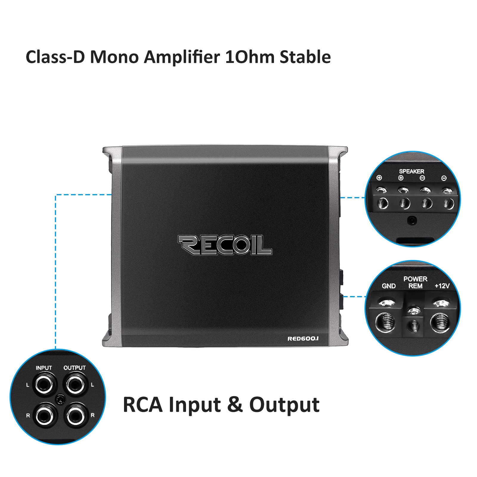 RED600.1 1320 Watts Class-D Car Audio Mono-block Subwoofer Amplifier, 1 Ohm Stable, Remote Bass Knob Included
