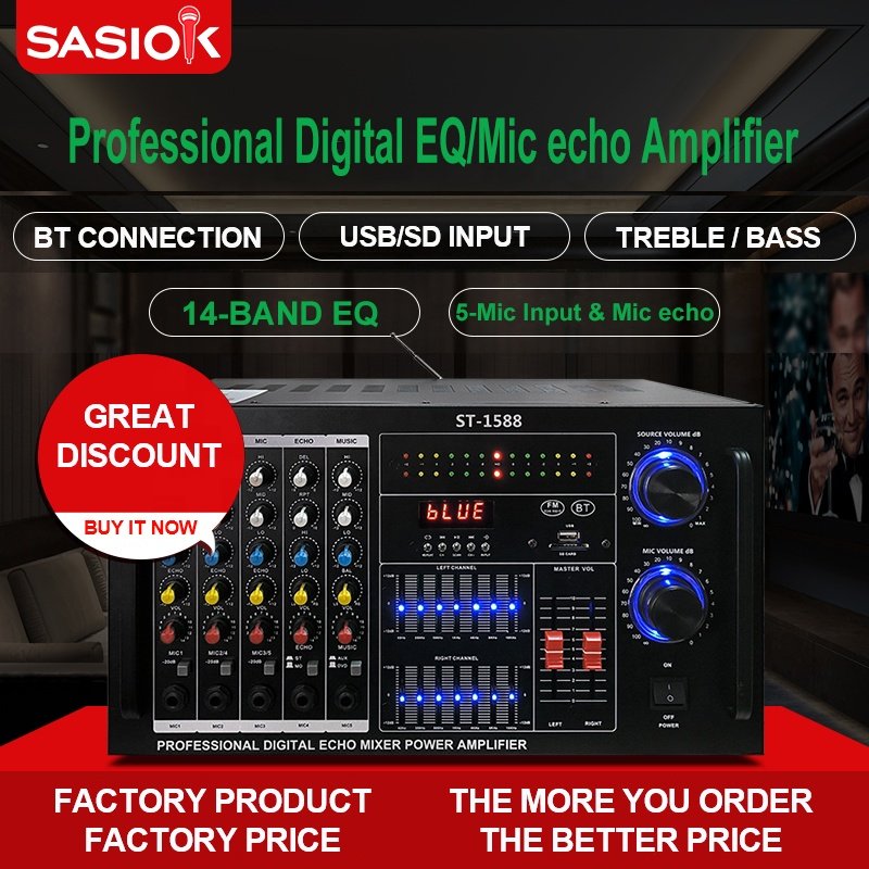 ST-1588 8.0 Channel 14-band Equalizer 5-Mic Input Mic Echo Digital Karaoke Amplifier with BT/USB/SD/AUX/DVD/FM Radio Functions.