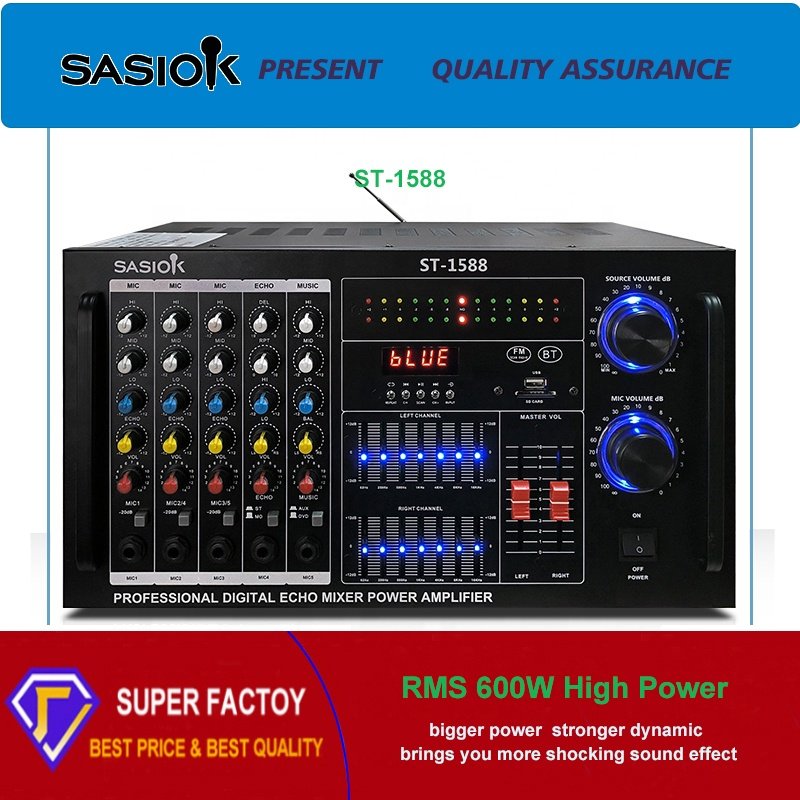ST-1588 8.0 Channel 14-band Equalizer 5-Mic Input Mic Echo Digital Karaoke Amplifier with BT/USB/SD/AUX/DVD/FM Radio Functions.