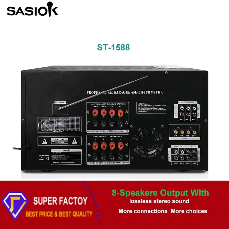 ST-1588 8.0 Channel 14-band Equalizer 5-Mic Input Mic Echo Digital Karaoke Amplifier with BT/USB/SD/AUX/DVD/FM Radio Functions.