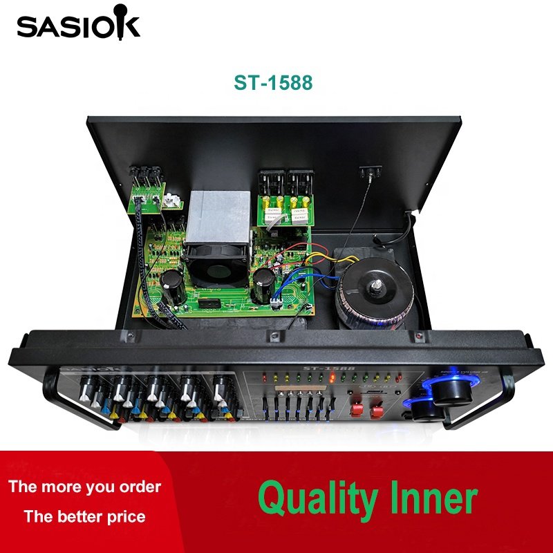 ST-1588 8.0 Channel 14-band Equalizer 5-Mic Input Mic Echo Digital Karaoke Amplifier with BT/USB/SD/AUX/DVD/FM Radio Functions.