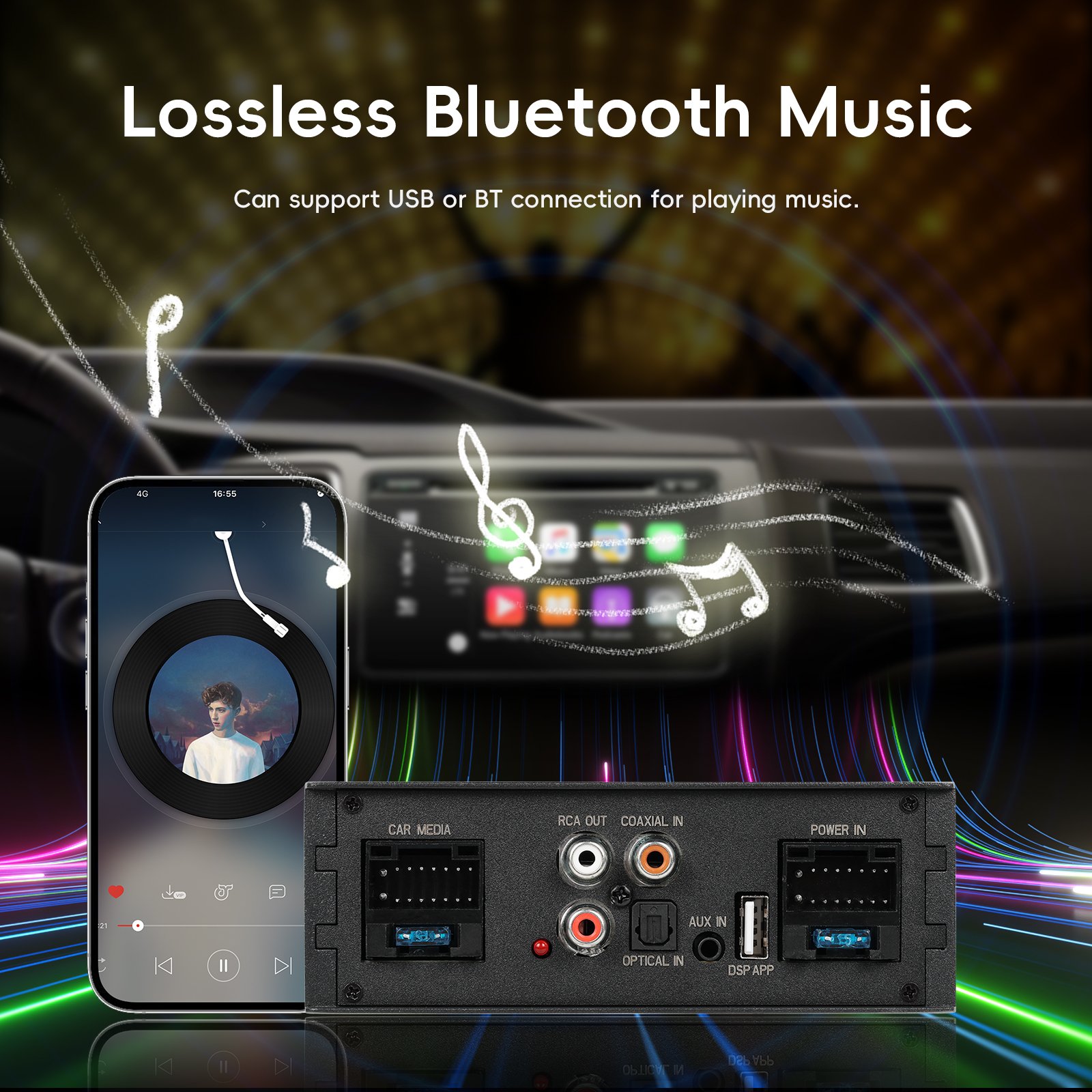 Podofo Android DSP Amplifier Car Stereo Audio DSP 4 Channel Sound Amplifier Mobile APP Control Bluetooth Music USB Playback OEM