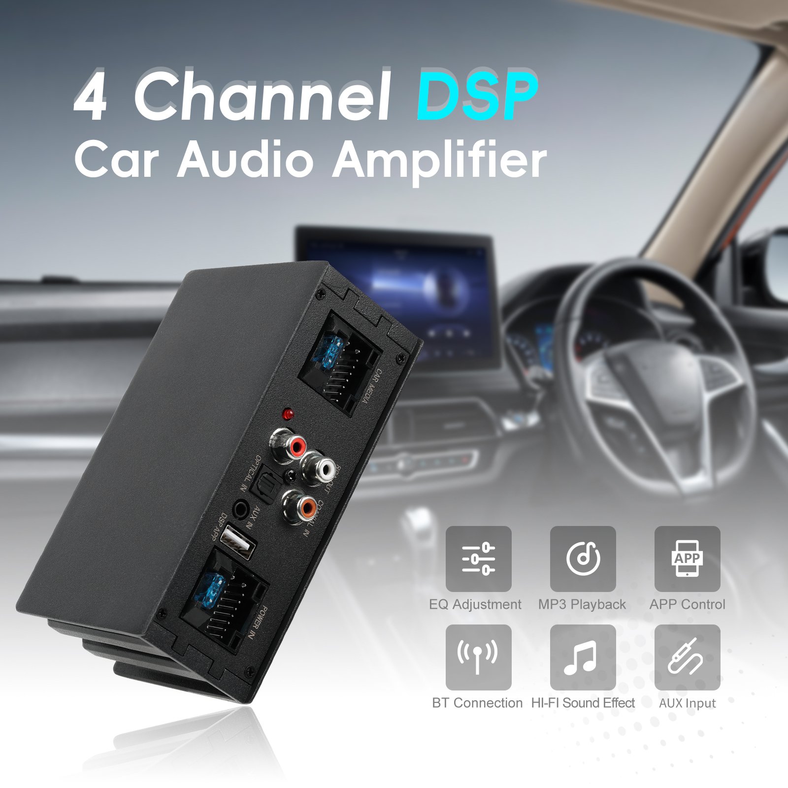Podofo Android DSP Amplifier Car Stereo Audio DSP 4 Channel Sound Amplifier Mobile APP Control Bluetooth Music USB Playback OEM