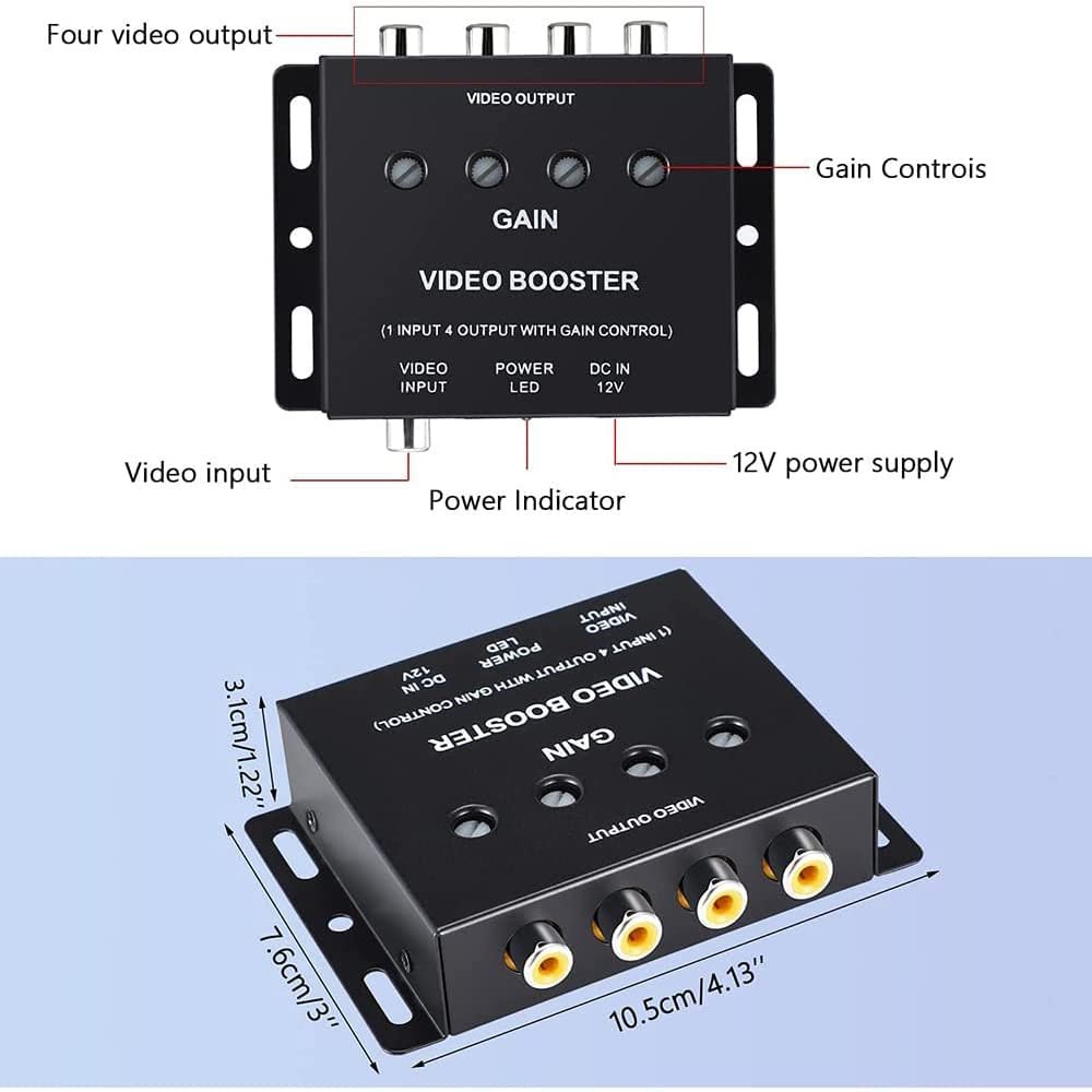 Car Video Splitter 1 to 4 RCA AV Video Amplifier Splitter Booster for Car SUV Trucks LCD DVD Player