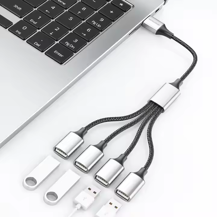OEM/ODM 2.2M USB2.0 4 in 1 Dual USB Extension Cable OTG USB Male to Female OD 3.5mm Nylon Braided Otg Splitter