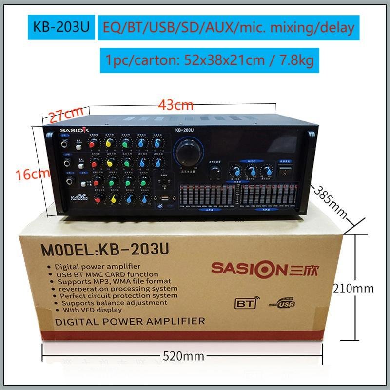 4.0 Channel KB-203U Karaoke Amplifier 20-band EQ Amplifier with BT/USB/SD/AUX/Mic. Mixing/delay Functions.