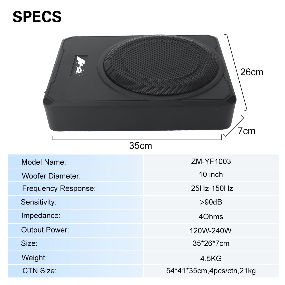 10inch Active Slim Car Subwoofer Built-in Amplifier Under Seat Car Subwoofer 300watts Professional Car Bass Speaker