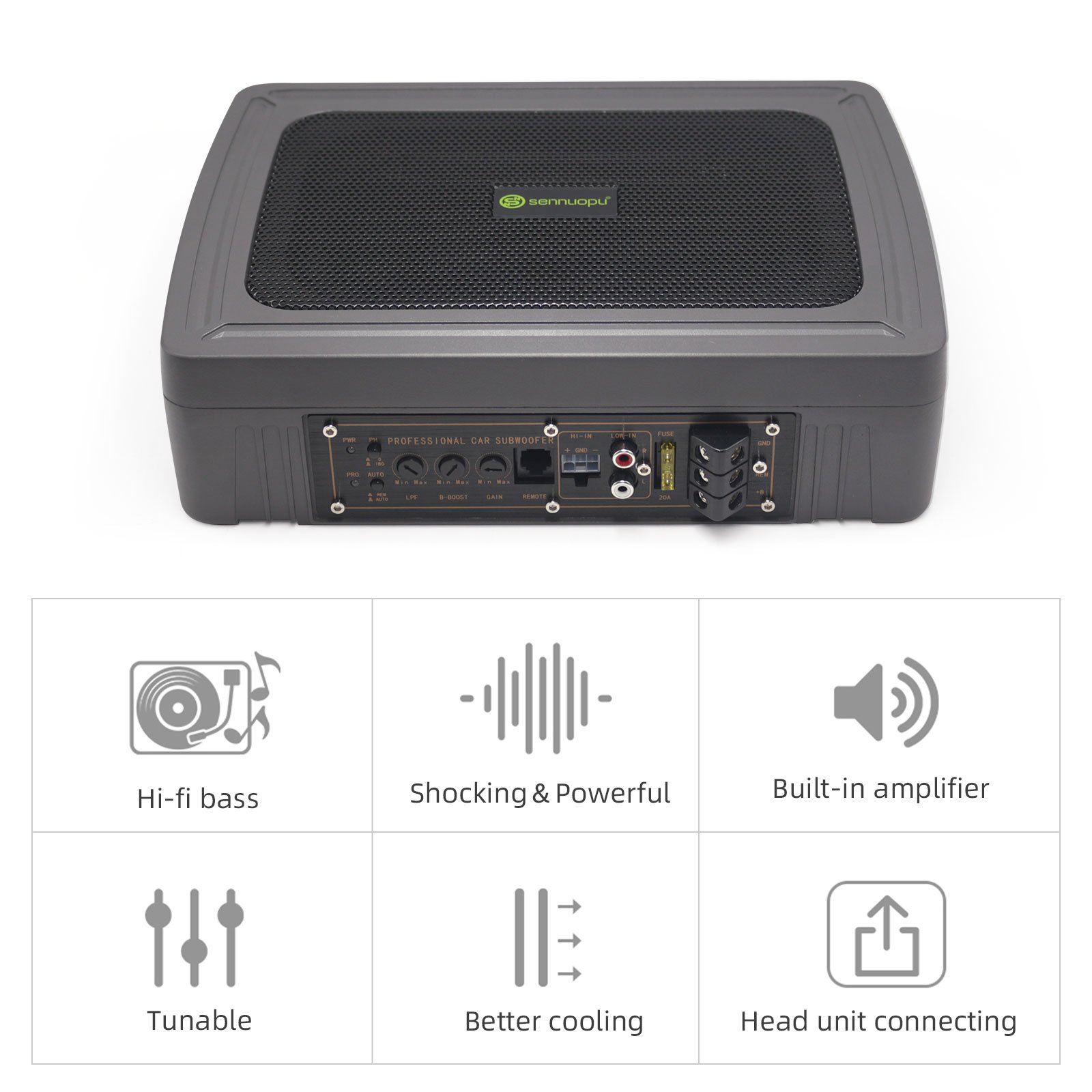 Sennuopu Wireless Car Audio Under Seat Subwoofer Active Flat Car Subwoofers with AMP