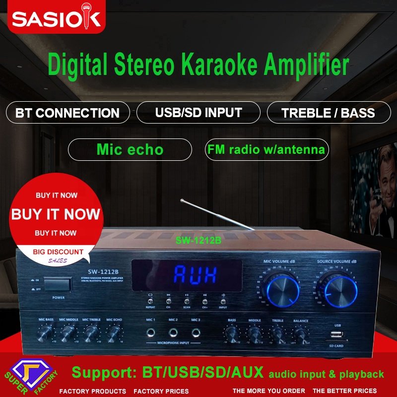 SW-1212B 300W Mic Echo BT/USB/SD/AUX Audio Input Digital bluetooth Karaoke Amplifier Speaker Professional FM Radio/LED Display.