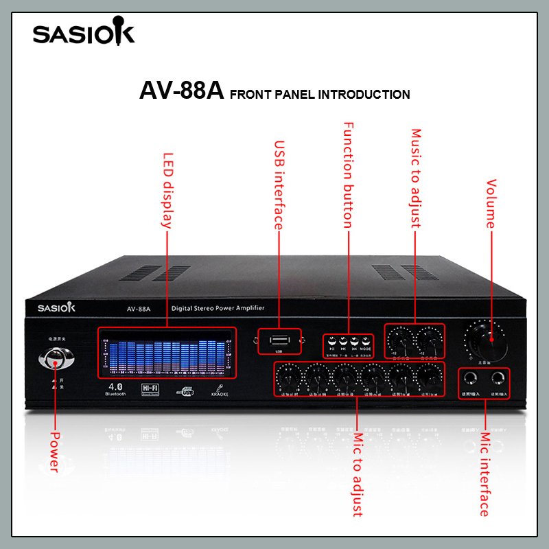 600W HIFI Around Sound AV-88A Support USB/BT/SD/FM Amplifiers Karaoke Wireless Power Professional Stereo Mixing Sound.
