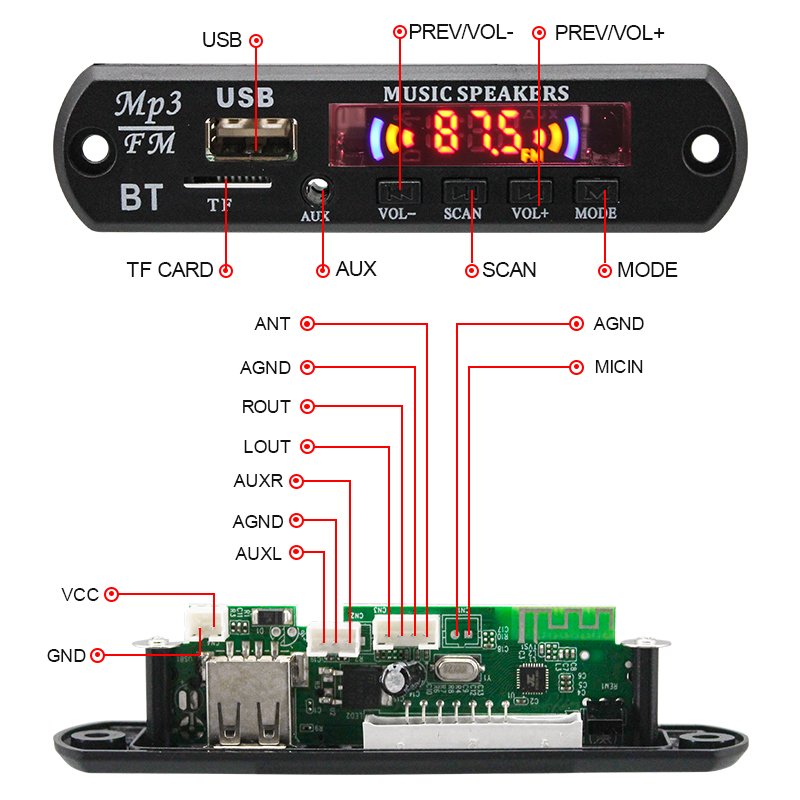 Bluetooth MP3 Decoding Board 12V Wireless Bluetooth Audio Remote Module Support TF SD Card USB FM Radio Mp3 Player Module