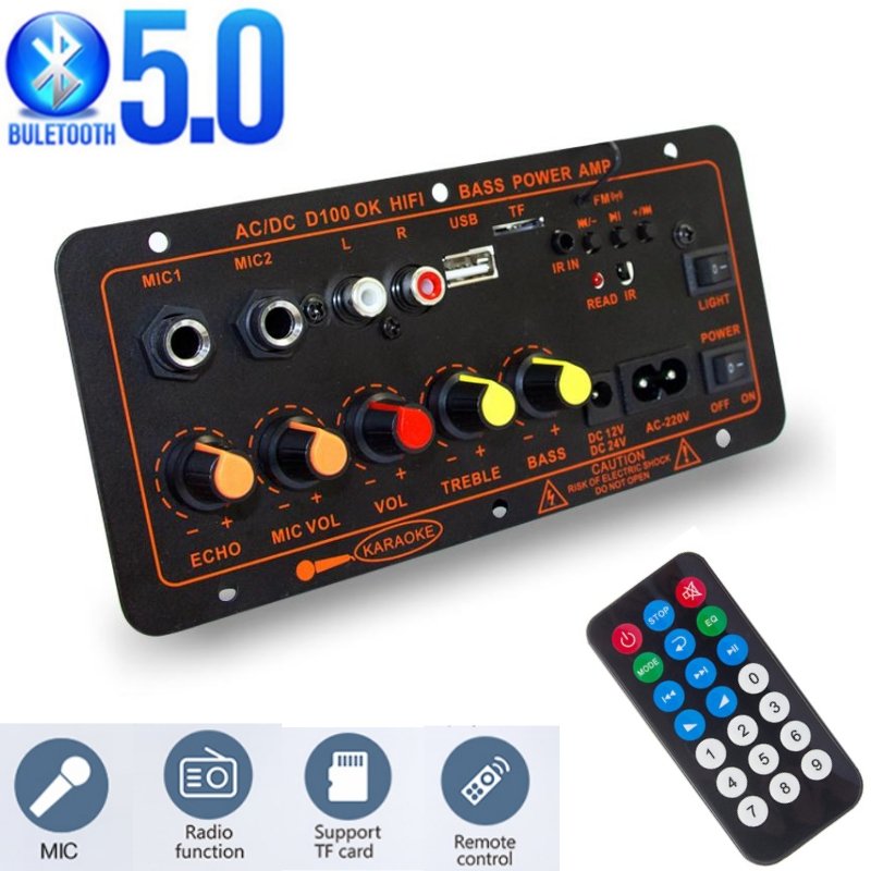D100 OK DIY Digital BT 5.0 Amplifier Board 220V 12V 24V Subwoofer Dual Microphone AMP for Car Home Audio USB FM Radio TF Player