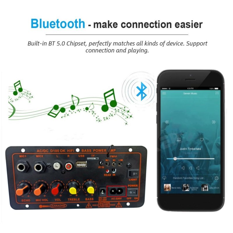 D100 OK DIY Digital BT 5.0 Amplifier Board 220V 12V 24V Subwoofer Dual Microphone AMP for Car Home Audio USB FM Radio TF Player
