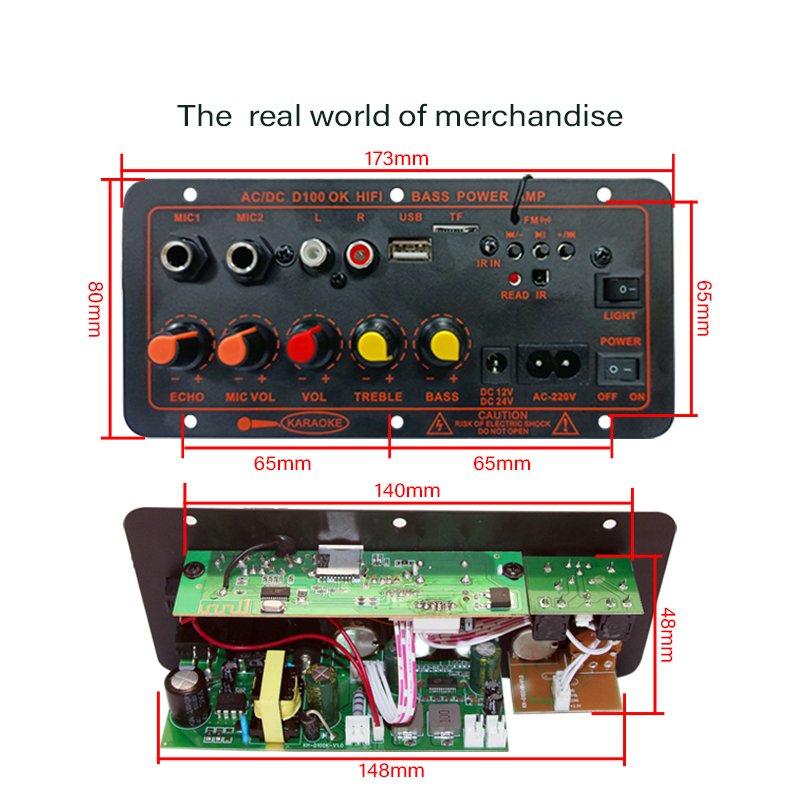 D100 OK DIY Digital BT 5.0 Amplifier Board 220V 12V 24V Subwoofer Dual Microphone AMP for Car Home Audio USB FM Radio TF Player
