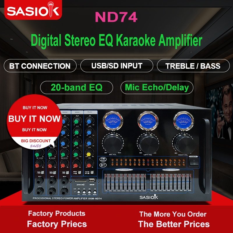 ND74 20-band Graphic Equalizer Mic Echo/delay Digital Karaoke Amplifier with BT/USB/SD/MMC/AUX/MP3/FM Radio/VU Meter Functions.