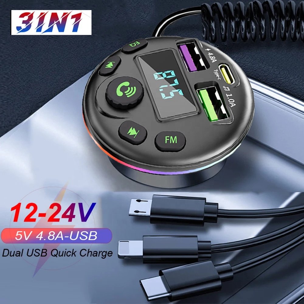 Car Bluetooth Wireless Radio Adapter USB Car MP3 Player Bluetooth FM Transmitter Multifunctional Charger With Cable