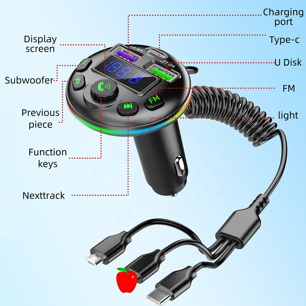 Car Bluetooth Wireless Radio Adapter USB Car MP3 Player Bluetooth FM Transmitter Multifunctional Charger With Cable