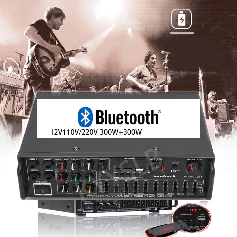 110V 220V 12V Blueteeth High-power 300W*2 Home Theatre Amplifier Karaoke OK Car Sound Equipment/Amplifiers/Speakers