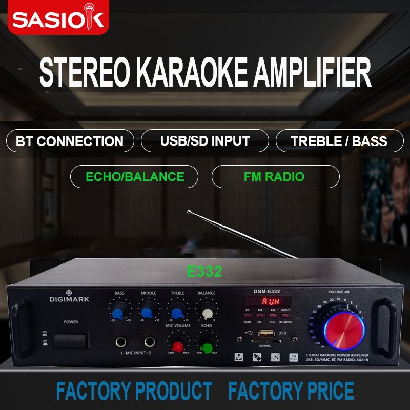 3-Mic. Input E332 Echo/balance 2.0 Channel HOME KTV Set Digital Stereo Amplifier Support BT/USB/SD/MMC/AUX/FM Radio/LED Display.