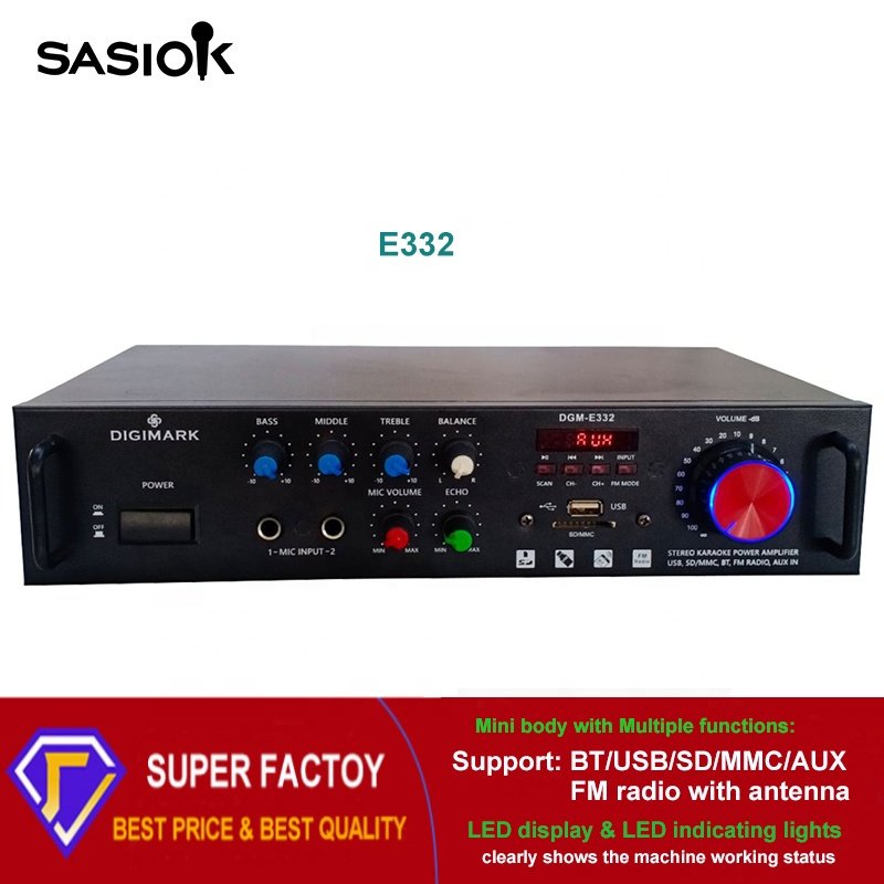 3-Mic. Input E332 Echo/balance 2.0 Channel HOME KTV Set Digital Stereo Amplifier Support BT/USB/SD/MMC/AUX/FM Radio/LED Display.
