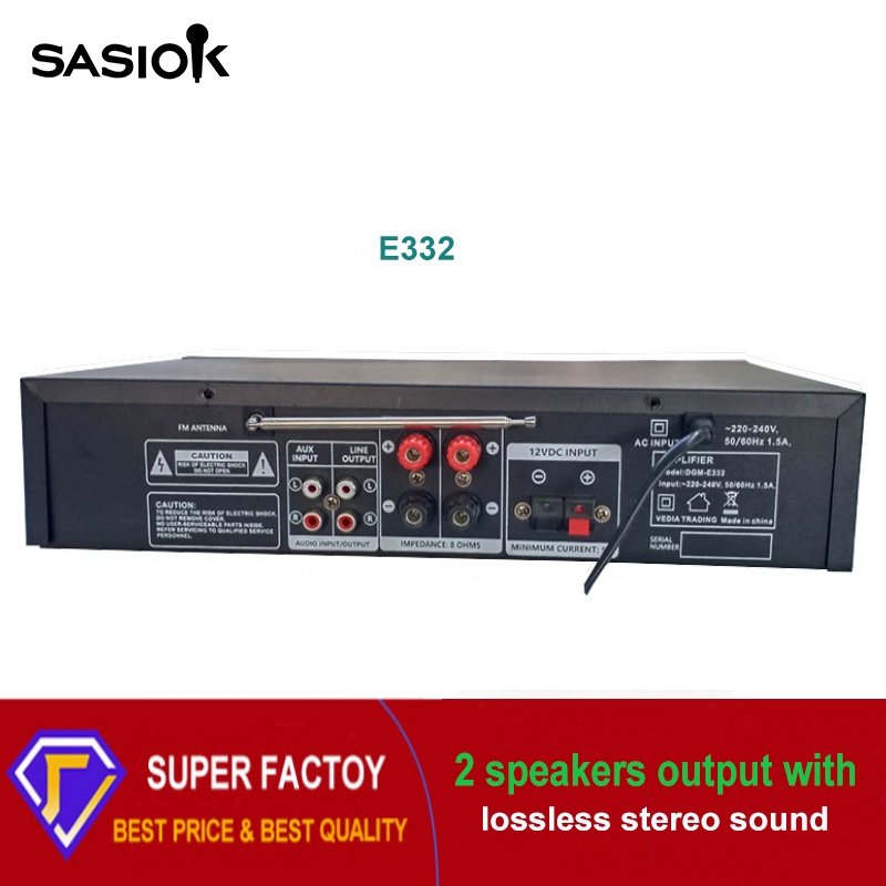 3-Mic. Input E332 Echo/balance 2.0 Channel HOME KTV Set Digital Stereo Amplifier Support BT/USB/SD/MMC/AUX/FM Radio/LED Display.