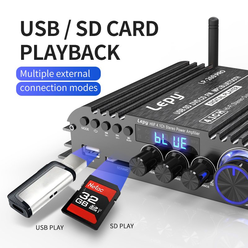 LEPY LP-269PRO 4.1 Channel Amplifier BT 5.0 Coaxial in USB SD FM Function Subwoofer Output Home Theater Amplificador
