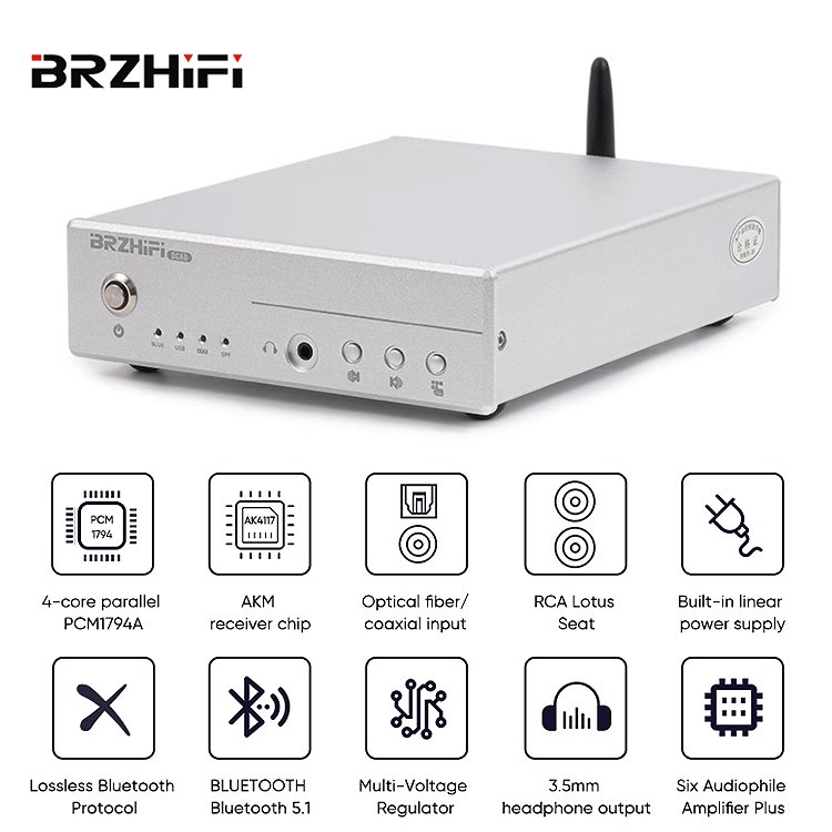 BRZHIFI High Sound Quality 4 Core PCM1794 Aluminum BT5.1 Car Home Audio HIFI DAC Amplifier