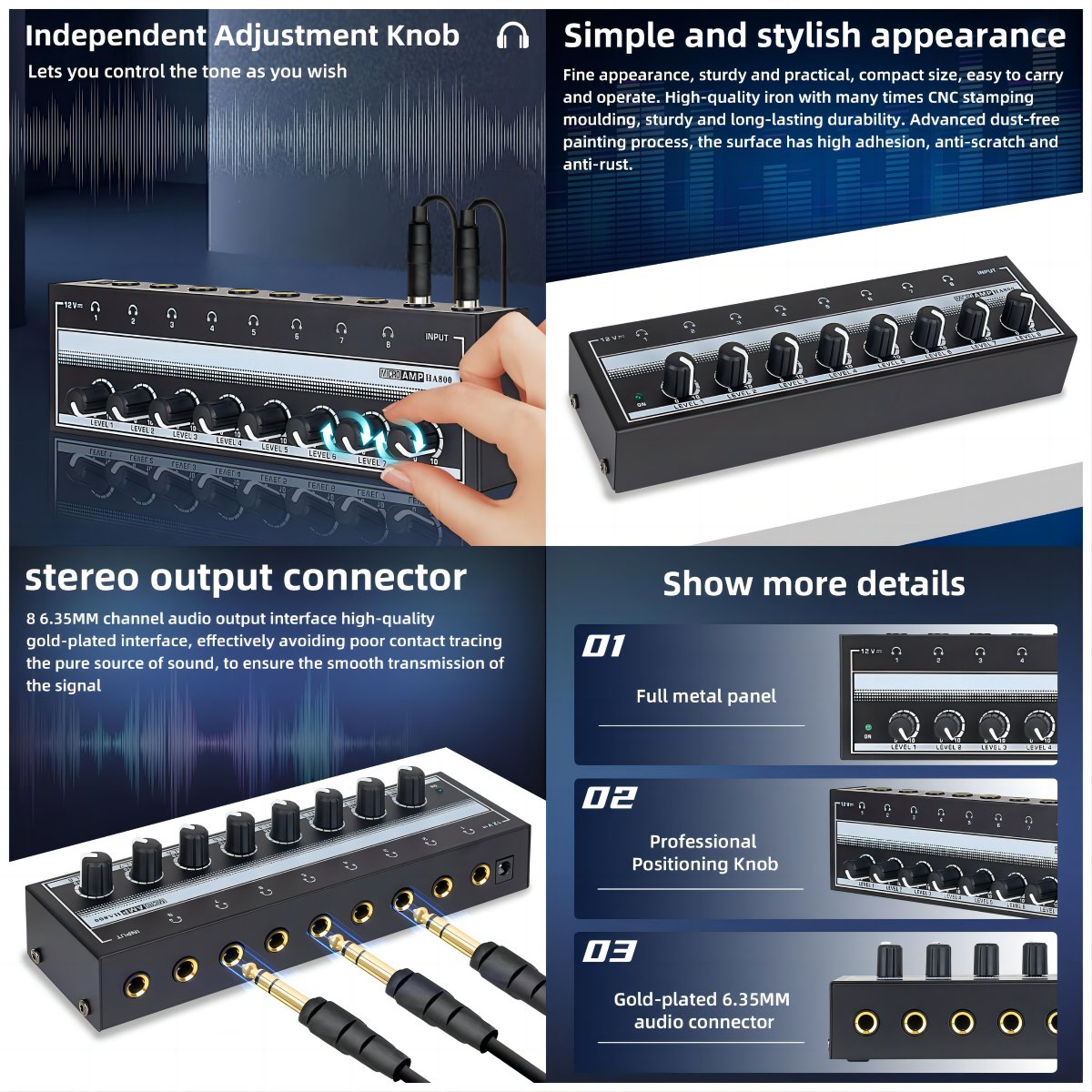 MICROAMP HA800 Headphone Amplifier 8 Channel Stereo Mini Audio Amplifier Personal Monitor Headphone Amplifier for Studio