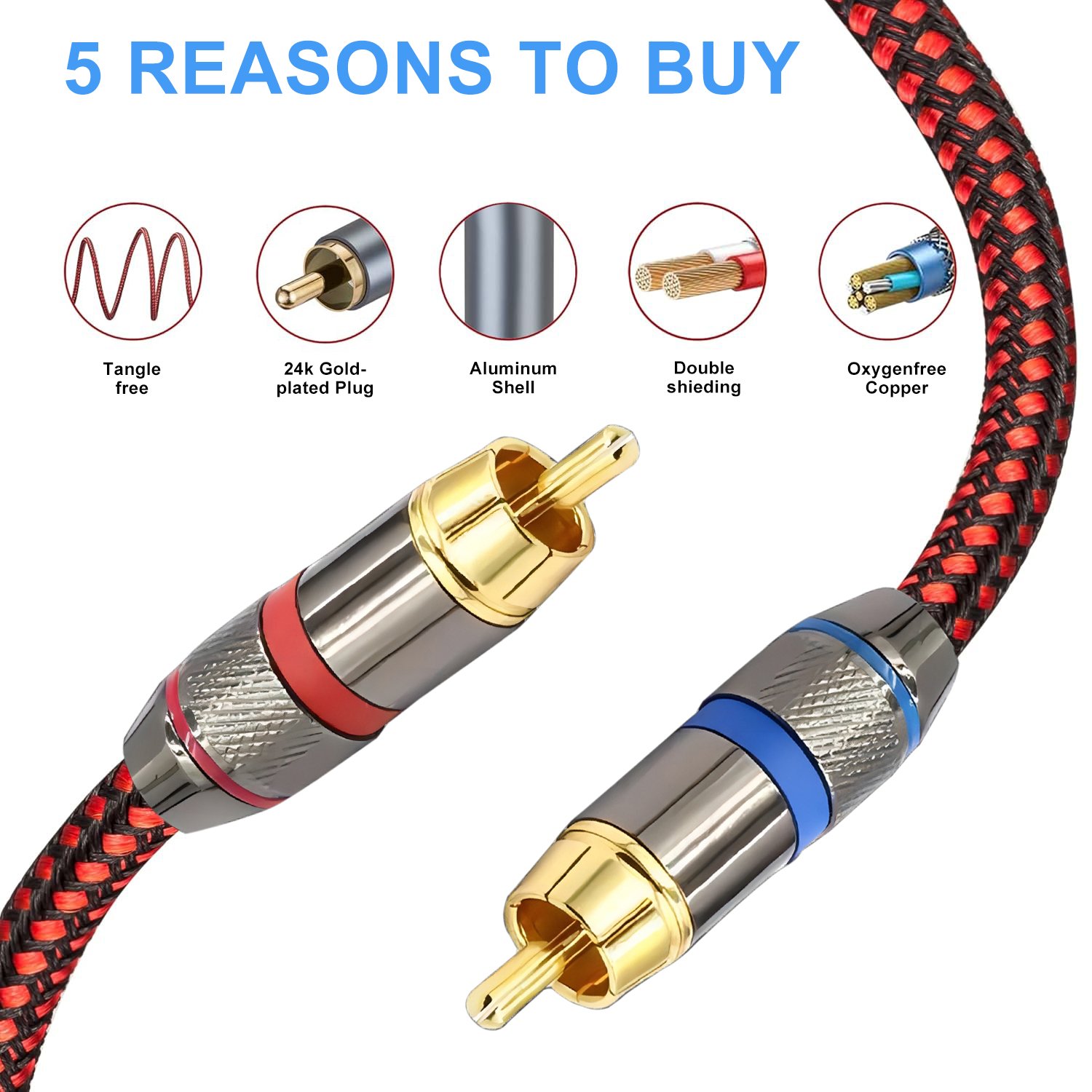 Factory ODM 2 Channel RCA Audio Cable Double RCA to Dual RCA Audio Twisted Cable HIFI Stereo OFC Male to Male for Car Amplifier