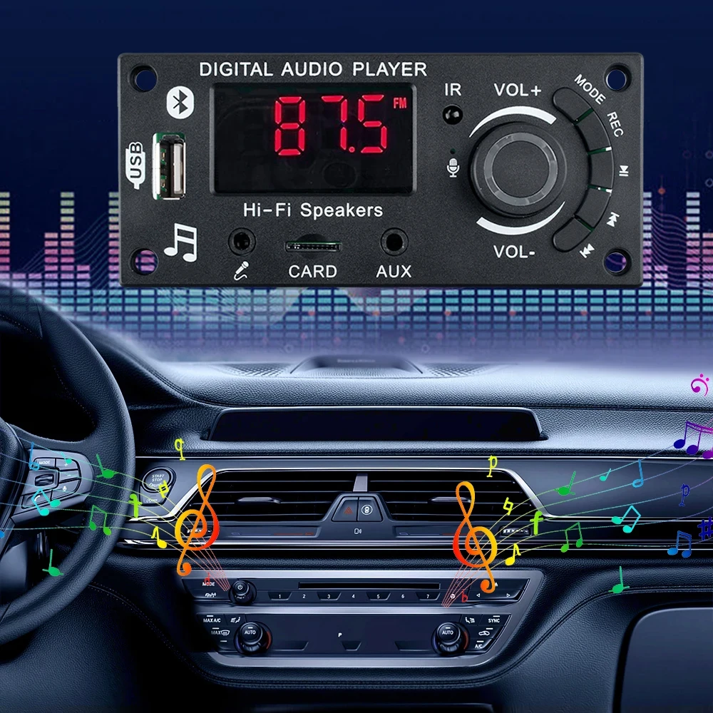 2*50W 100W MP3 Decoder Board Audio Amplifier Board Bluetooth Car MP3 Player USB FM Recording Switching TF USB Mic Record Call