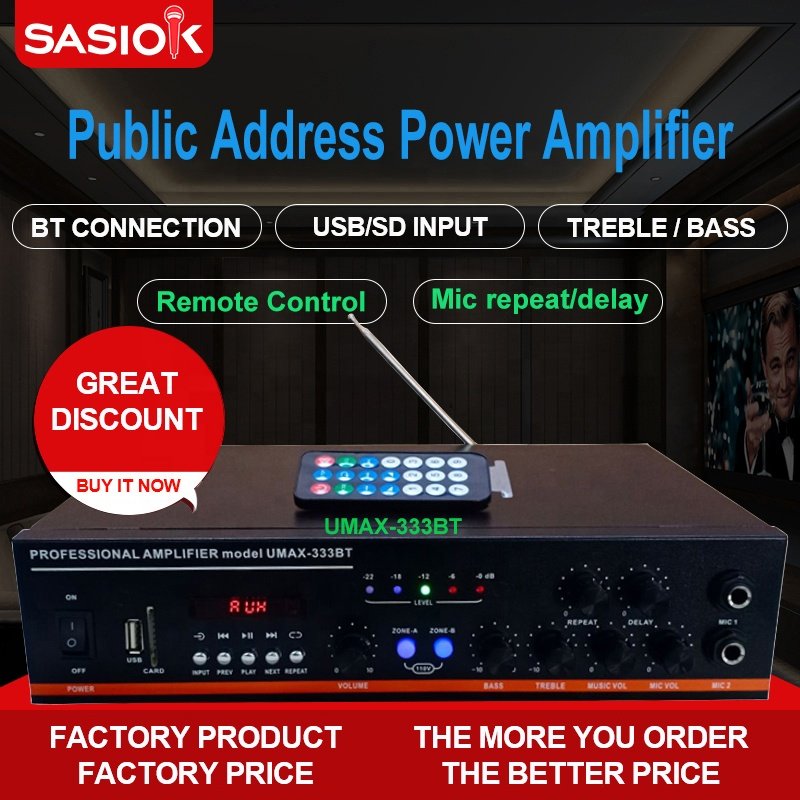 Mic Repeat/delay UMAX-333BT Remote Control Public Address Amplifier Support BT/USB/SD/AUX/FM Radio/LED Display Functions.