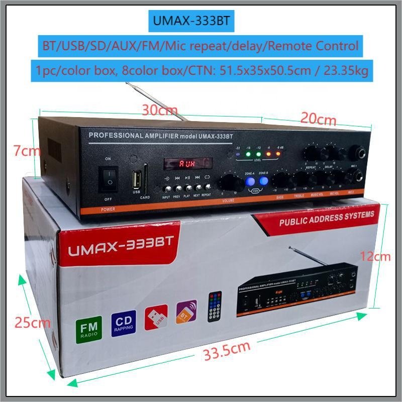 Mic Repeat/delay UMAX-333BT Remote Control Public Address Amplifier Support BT/USB/SD/AUX/FM Radio/LED Display Functions.
