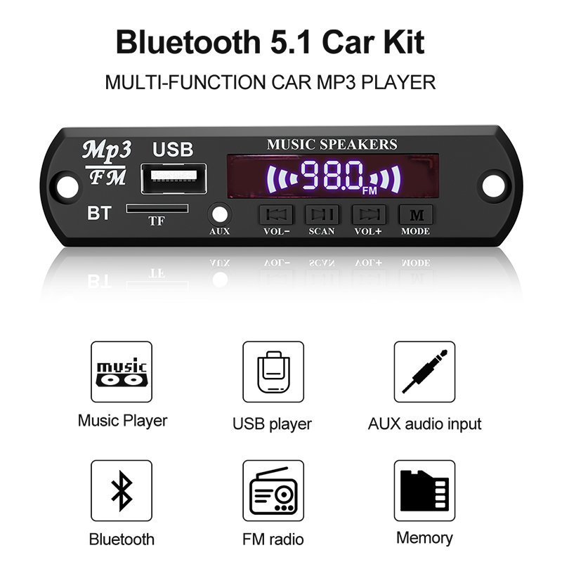 VIRE MP3 Decoder Board 60W Amplifier Bluetooth 5.0 MP3 Player Car FM Radio Handsfree Call Recording Audio Module