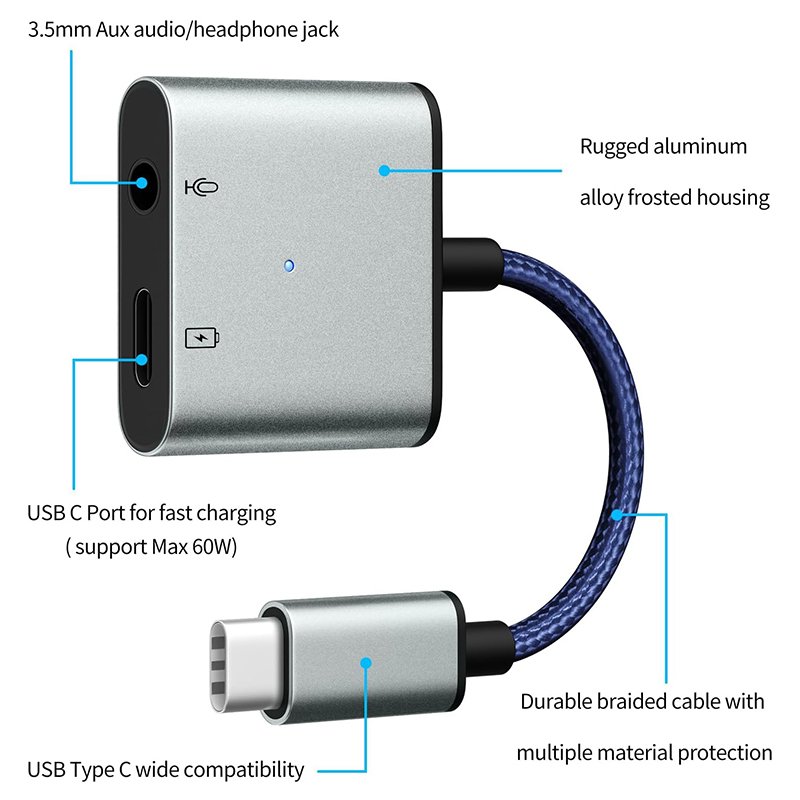 2 in 1 Type C Headphone AUX Audio Splitter Adapter USB C To 3.5mm Jack Earphone Charging Converter